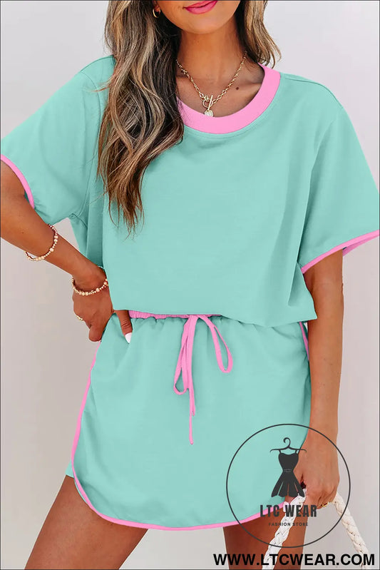 Moonlight jade colorblock edge drop shoulder t shirt and skort 2pcs set - moonlight jade / 2xl / 75% polyester + 20%