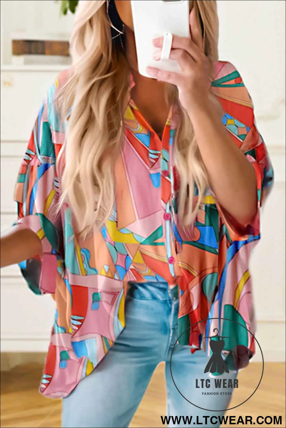 Multicolor Abstract Print Half Batwing Sleeve Loose Blouse