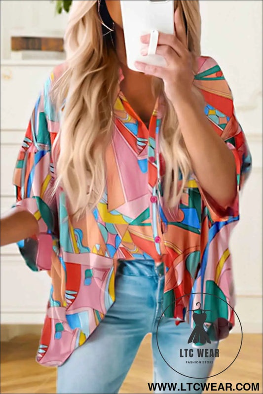 Multicolor Abstract Print Half Batwing Sleeve Loose Blouse