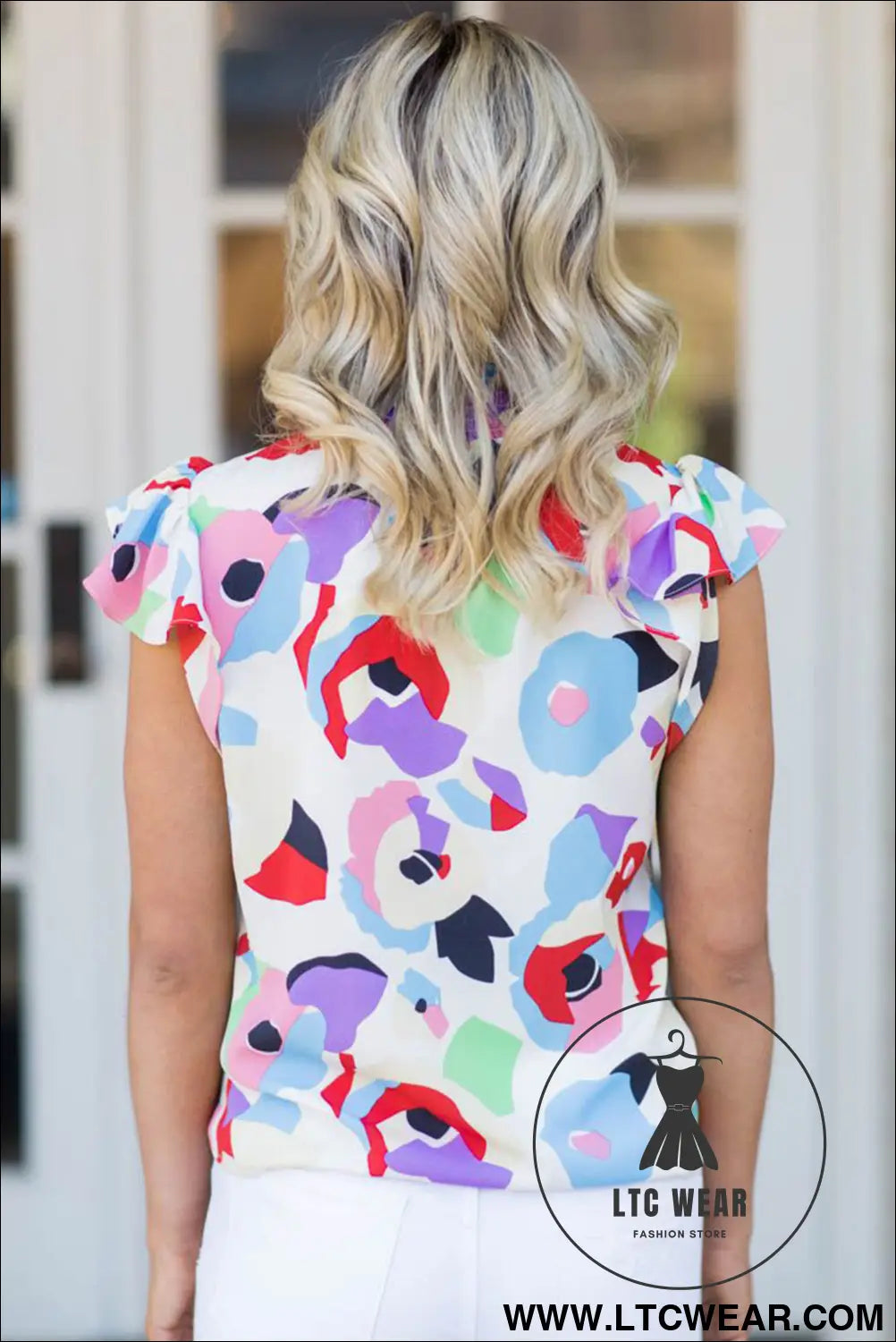Multicolor abstract print ruffled sleeve blouse - blouses & shirts