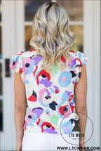 Multicolor abstract print ruffled sleeve blouse - blouses & shirts