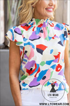 Multicolor abstract print ruffled sleeve blouse - blouses & shirts