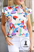 Multicolor abstract print ruffled sleeve blouse - multicolor / l / 100% polyester - blouses & shirts