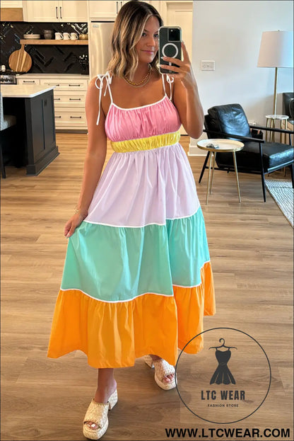 Multicolor colorblock self tie straps high waist flowy maxi dress with pockets - 15%