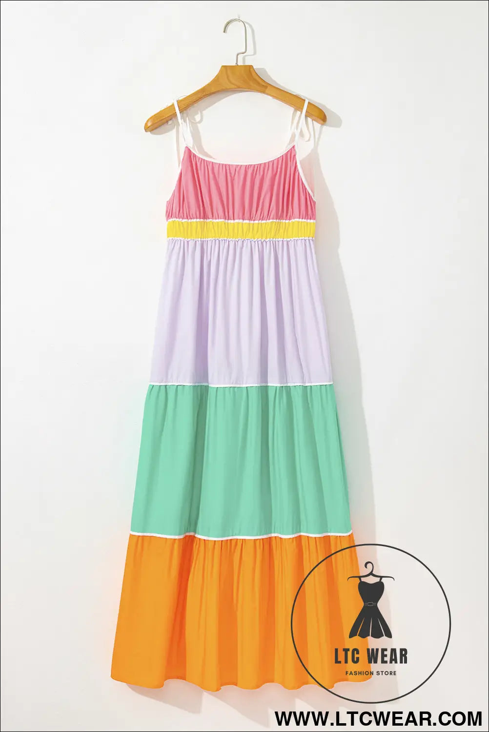 Multicolor colorblock self tie straps high waist flowy maxi dress with pockets - 15%