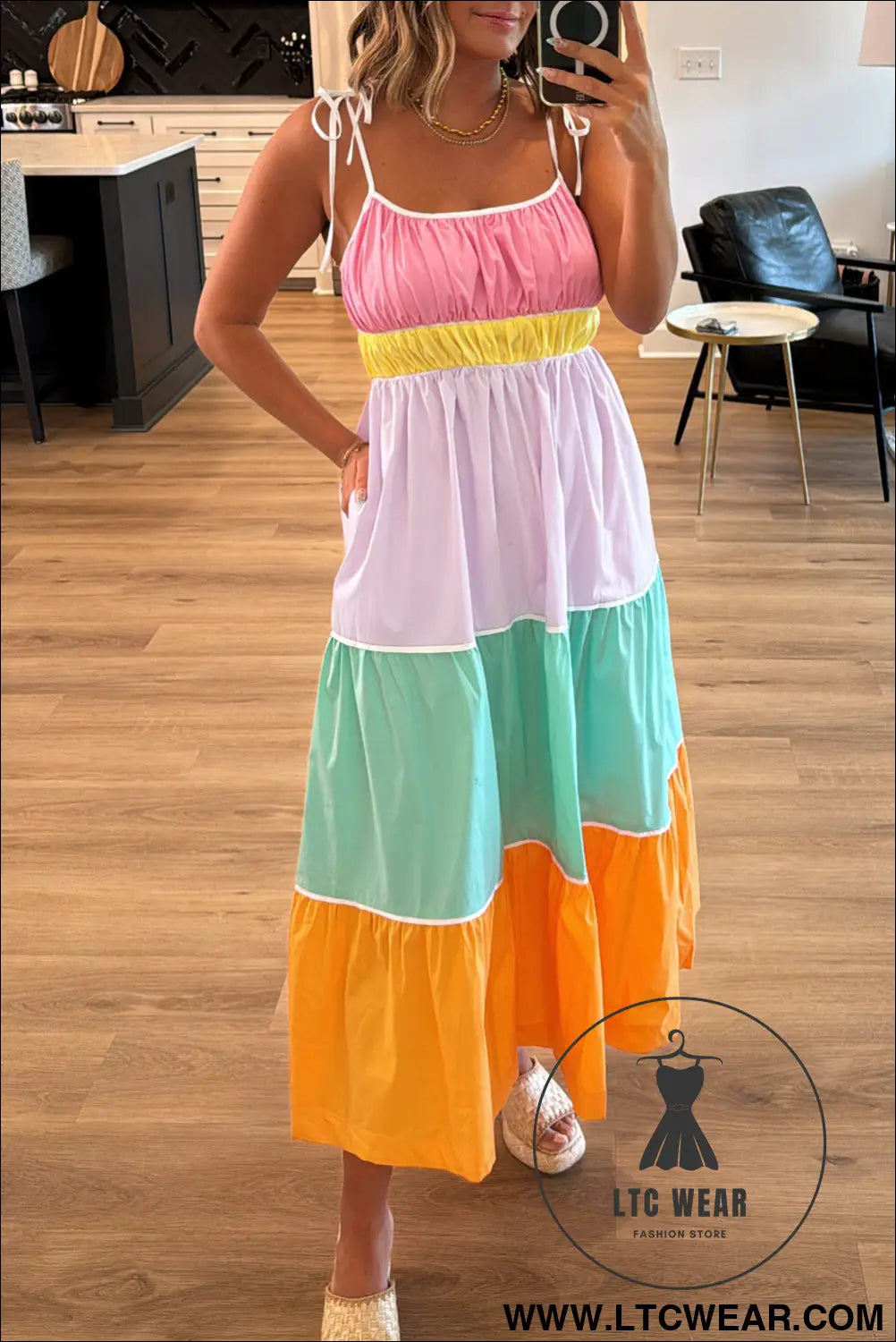 Multicolor colorblock self tie straps high waist flowy maxi dress with pockets - multicolour / l / 100% cotton - 15%