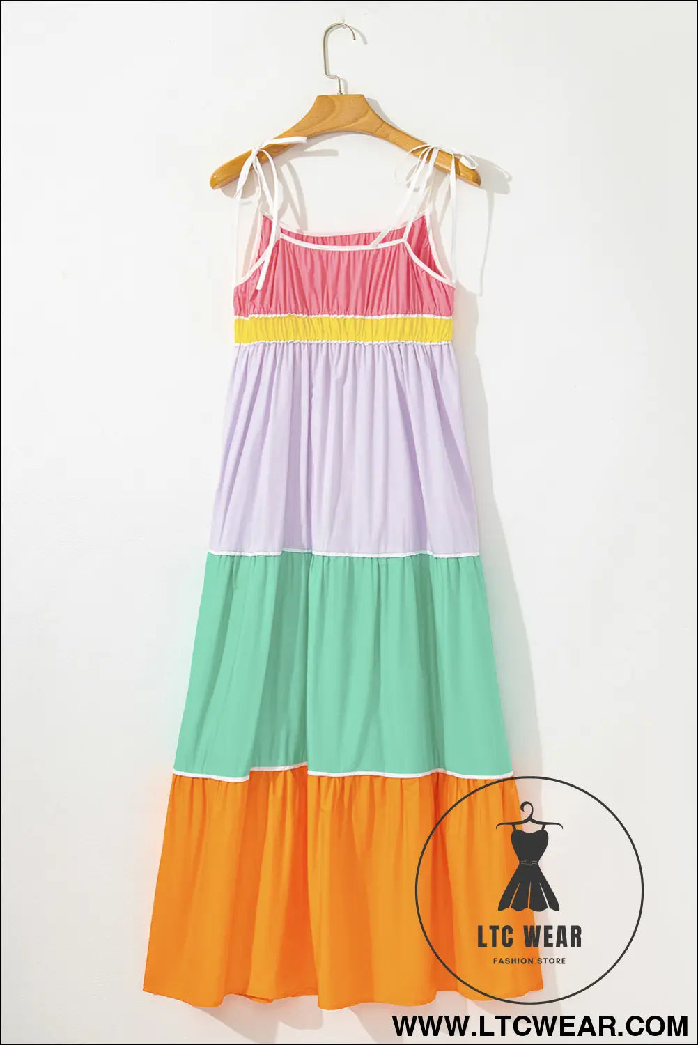 Multicolor colorblock self tie straps high waist flowy maxi dress with pockets - 15%