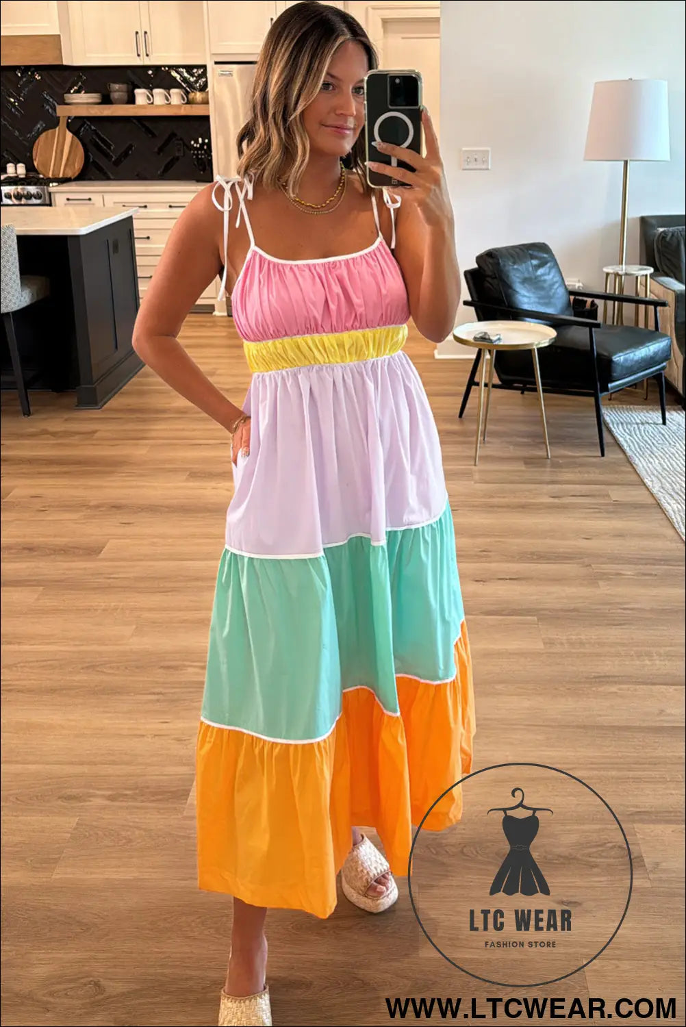Multicolor colorblock self tie straps high waist flowy maxi dress with pockets - 15%