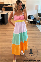 Multicolor colorblock self tie straps high waist flowy maxi dress with pockets - 15%