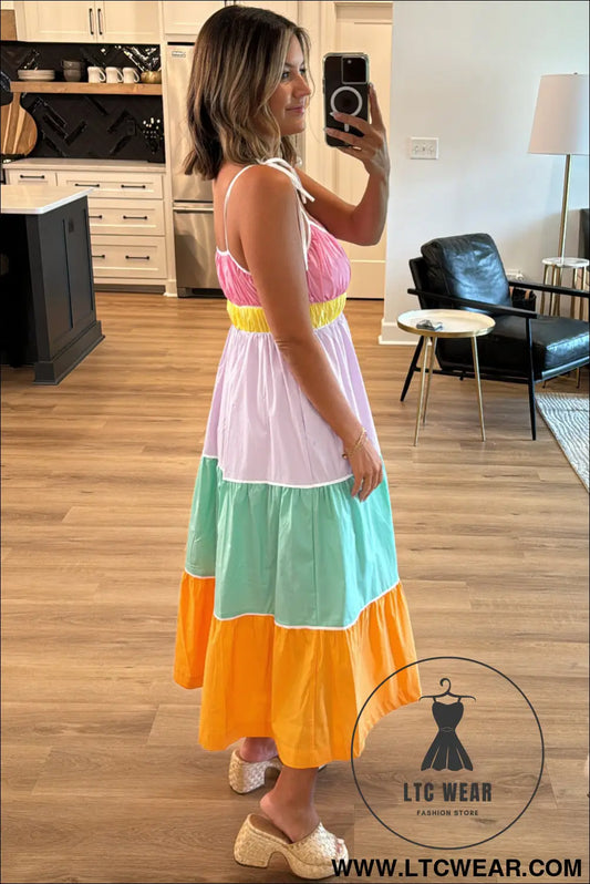 Multicolor colorblock self tie straps high waist flowy maxi dress with pockets - 15%