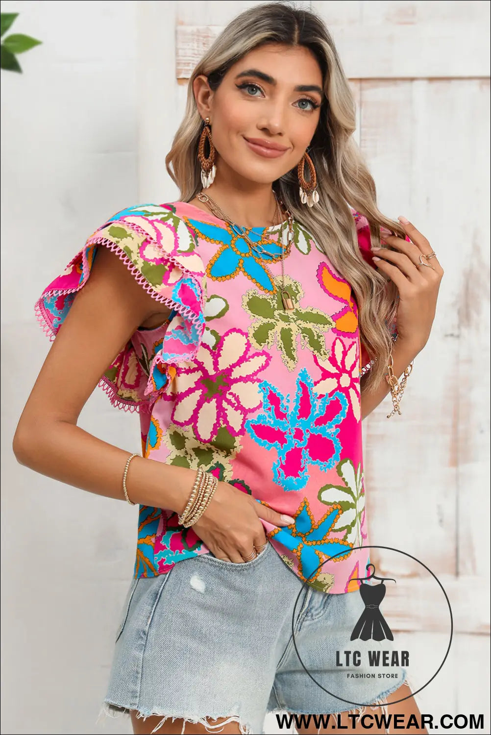 Multicolor Floral Print Boho Top Tiered Ruffle Sleeve Blouse - L.T.C Wear Online Fashion Store