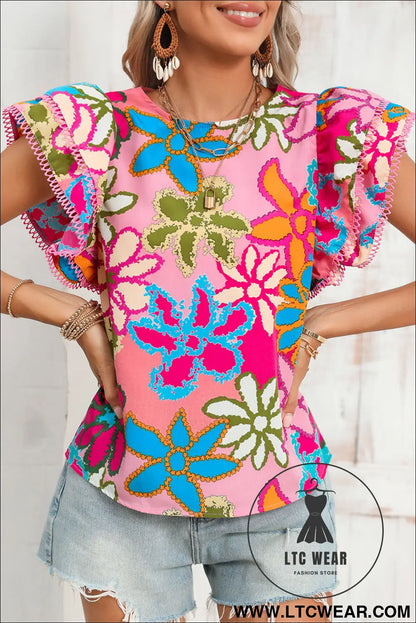 Multicolor Floral Print Boho Top Tiered Ruffle Sleeve Blouse - L.T.C Wear Online Fashion Store
