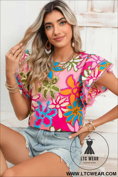 Multicolor Floral Print Boho Top Tiered Ruffle Sleeve Blouse