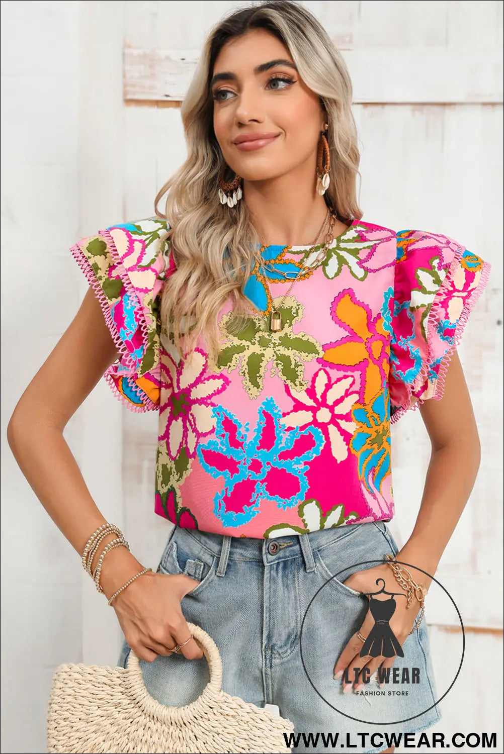 Multicolor Floral Print Boho Top Tiered Ruffle Sleeve Blouse - L.T.C Wear Online Fashion Store