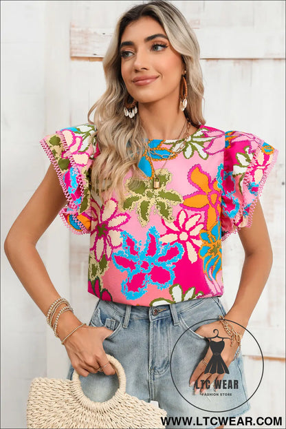 Multicolor Floral Print Boho Top Tiered Ruffle Sleeve Blouse - L.T.C Wear Online Fashion Store
