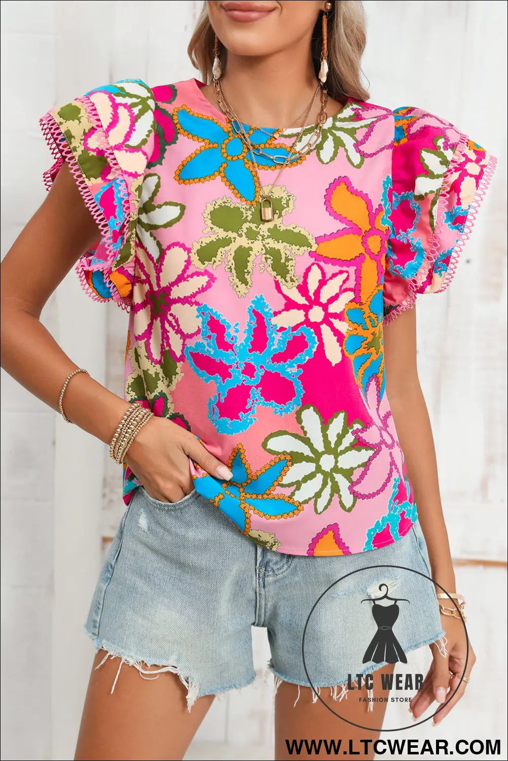 Multicolor Floral Print Boho Top Tiered Ruffle Sleeve Blouse - L.T.C Wear Online Fashion Store