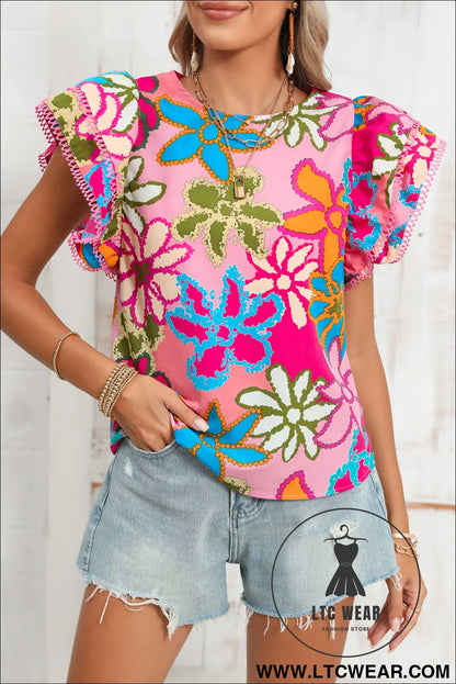 Multicolor Floral Print Boho Top Tiered Ruffle Sleeve Blouse - L.T.C Wear Online Fashion Store
