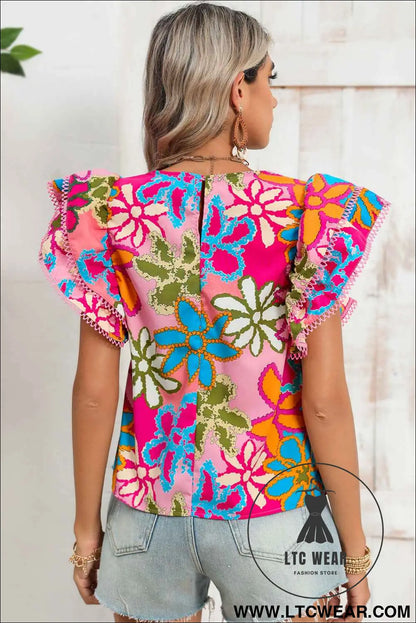 Multicolor Floral Print Boho Top Tiered Ruffle Sleeve Blouse