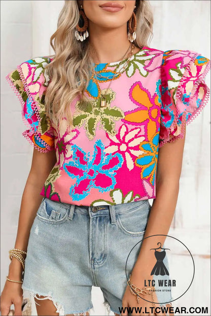 Multicolor Floral Print Boho Top Tiered Ruffle Sleeve Blouse
