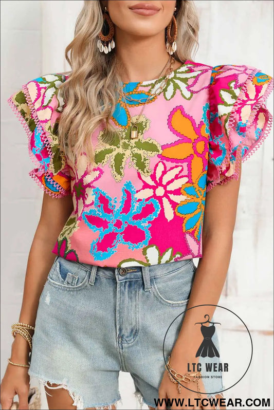 Multicolor Floral Print Boho Top Tiered Ruffle Sleeve Blouse
