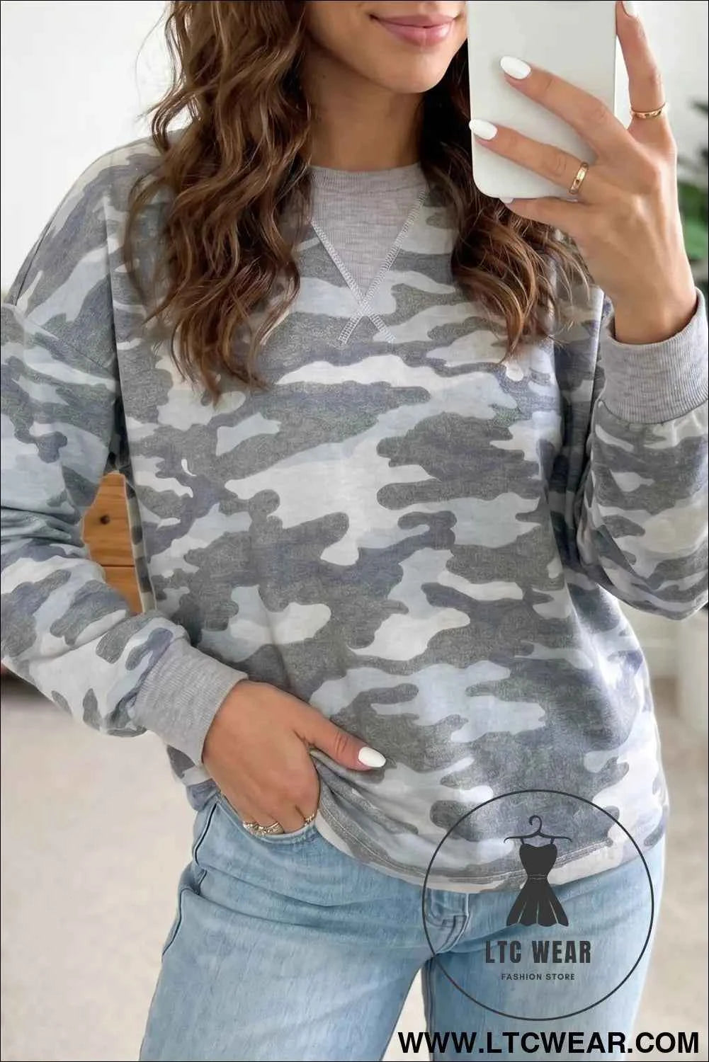 Multicolour Camouflage Long Sleeve Round Neck Shift Pullover Top