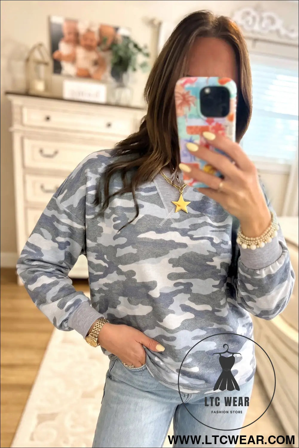 Multicolour camouflage long sleeve round neck shift pullover top - long sleeve tops