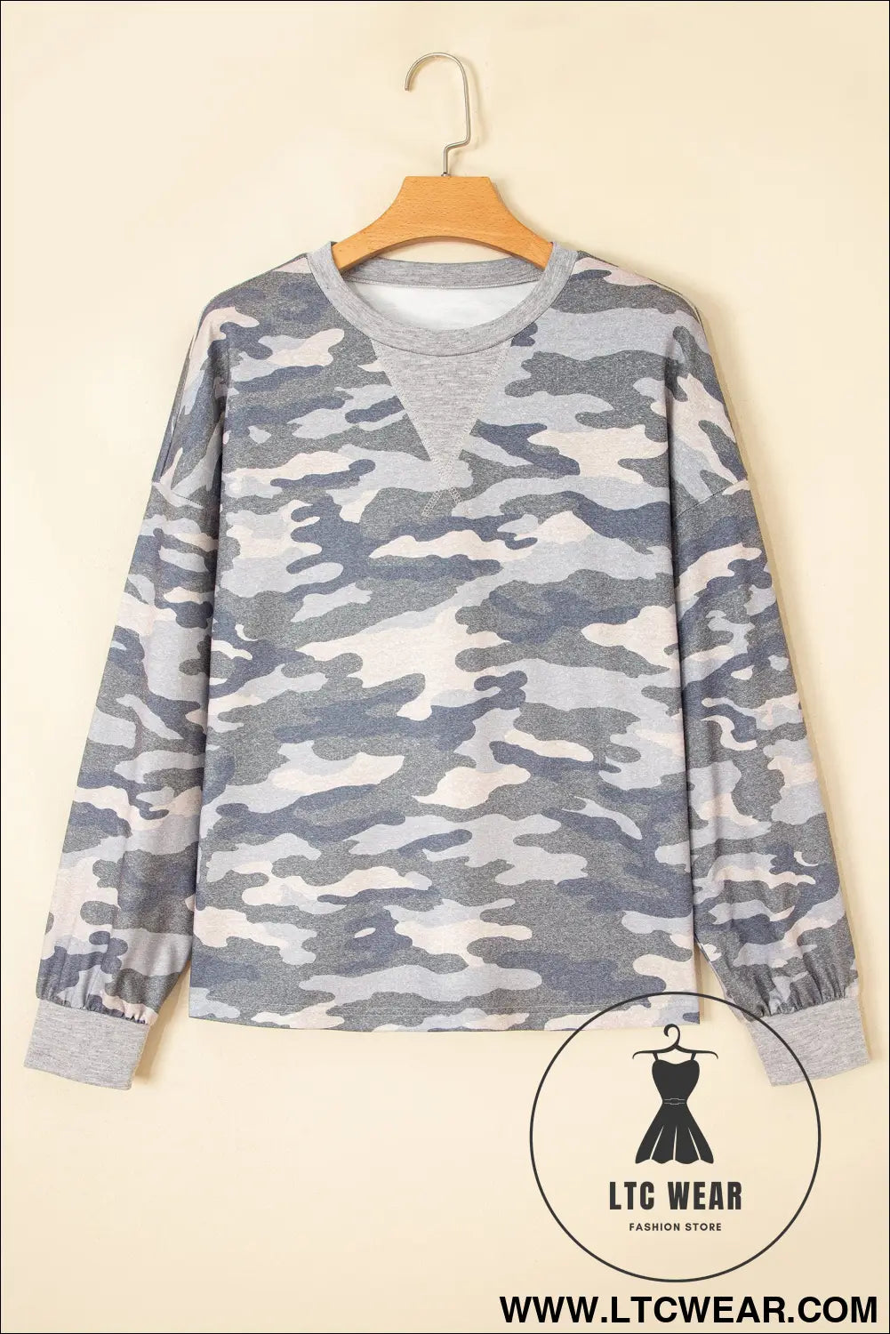 Multicolour camouflage long sleeve round neck shift pullover top - long sleeve tops