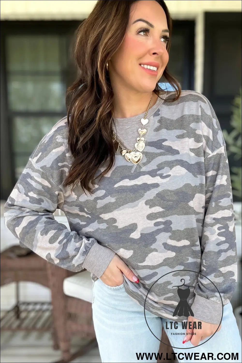 Multicolour camouflage long sleeve round neck shift pullover top - long sleeve tops