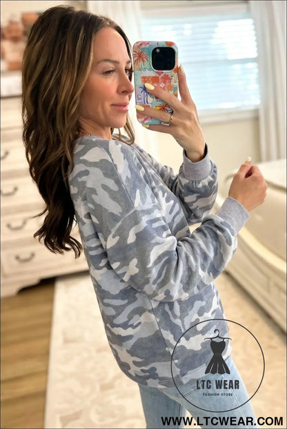 Multicolour camouflage long sleeve round neck shift pullover top - long sleeve tops