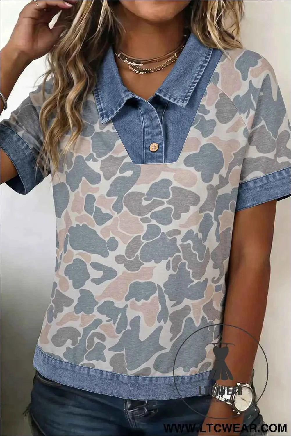 Multicolour Camouflage Print Denim Patchwork Polo Collar Tee