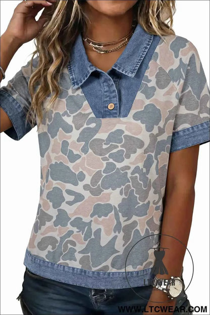 Multicolour Camouflage Print Denim Patchwork Polo Collar Tee