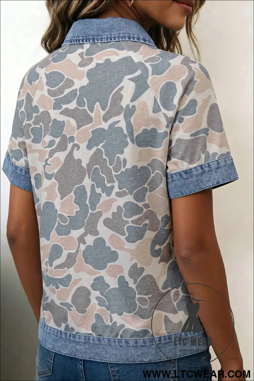 Multicolour camouflage print denim patchwork polo collar tee - tops & tees