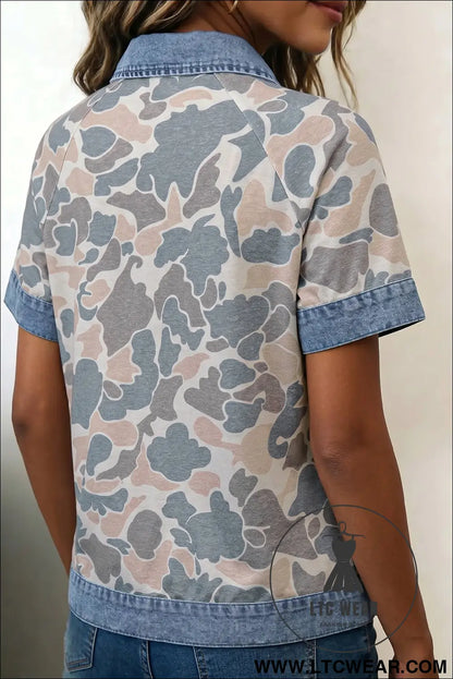 Multicolour camouflage print denim patchwork polo collar tee - tops & tees