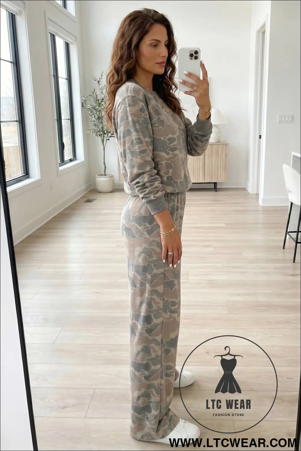Multicolour camouflage print long sleeve top loose 2pcs pants set - pant sets
