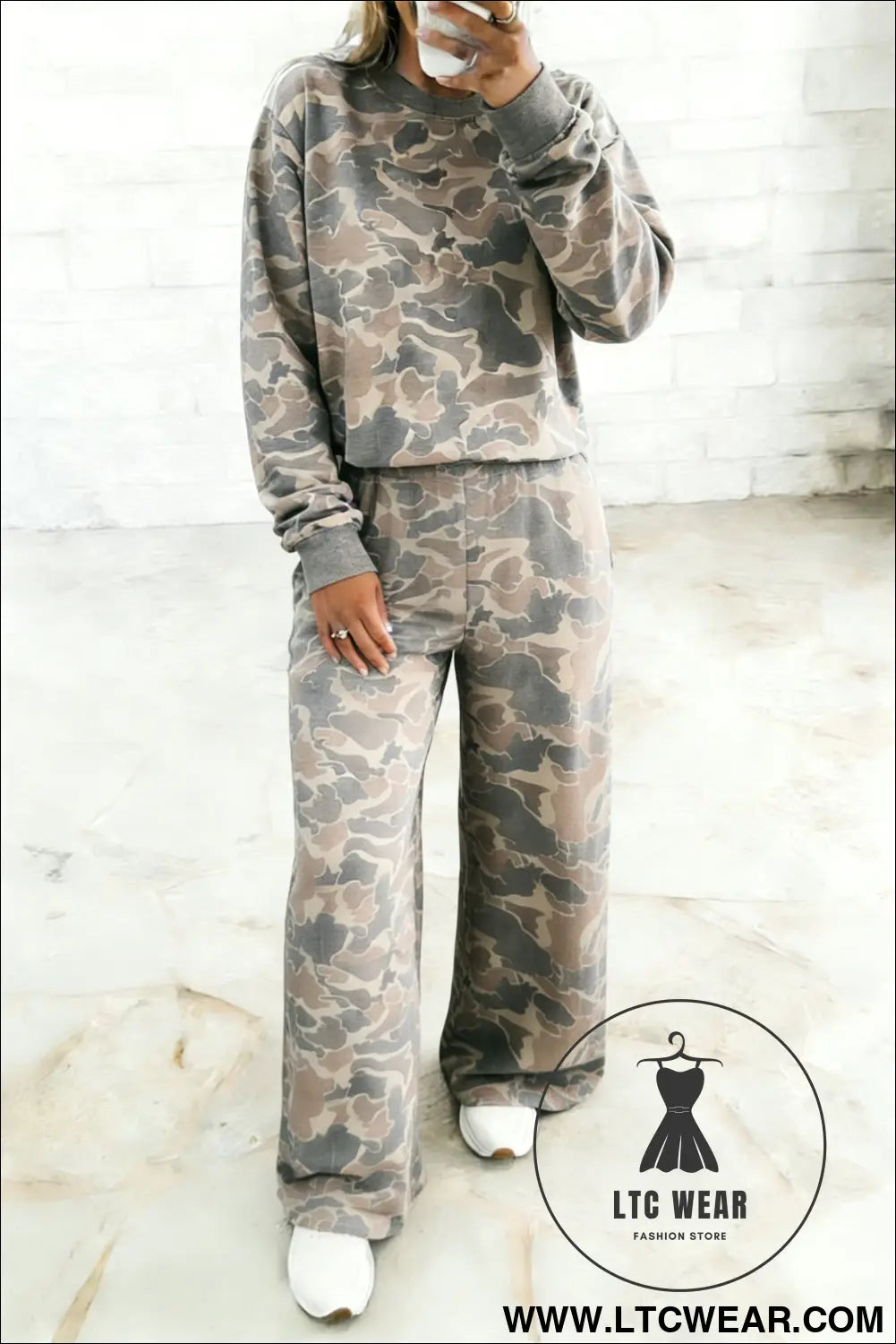 Multicolour camouflage print long sleeve top loose 2pcs pants set - pant sets