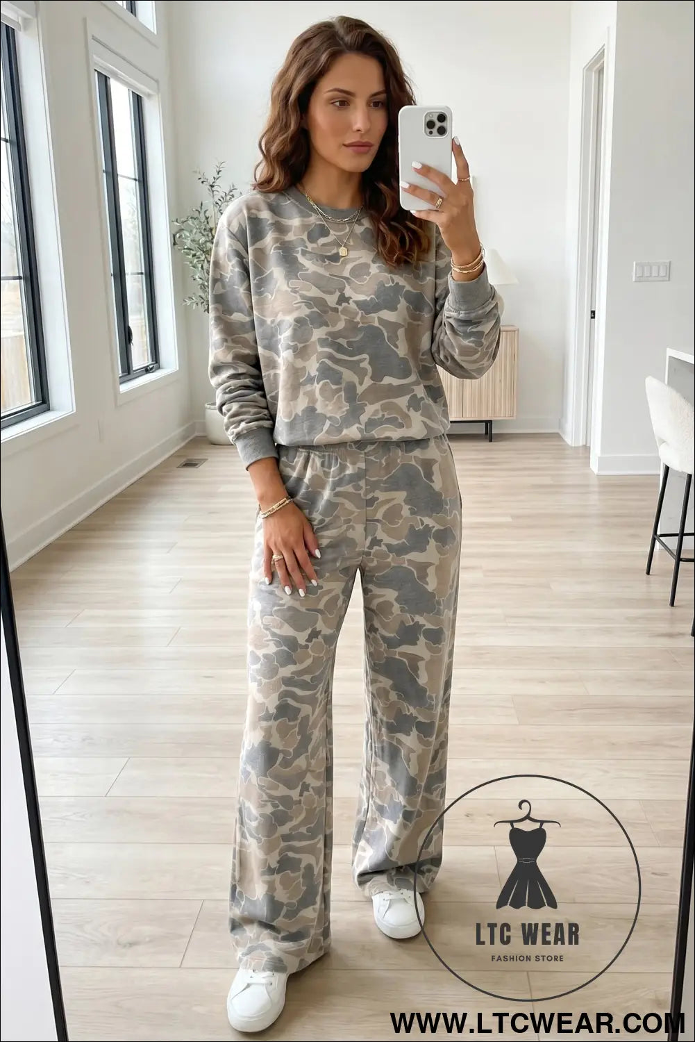 Multicolour camouflage print long sleeve top loose 2pcs pants set - pant sets
