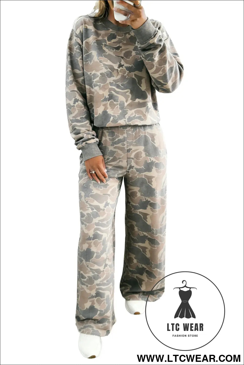 Multicolour camouflage print long sleeve top loose 2pcs pants set - pant sets