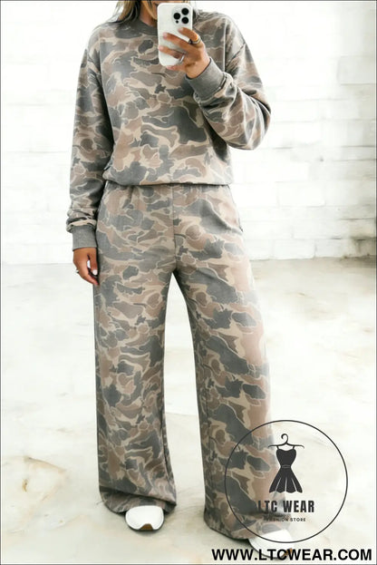 Multicolour camouflage print long sleeve top loose 2pcs pants set - pant sets