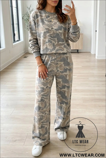 Multicolour camouflage print long sleeve top loose 2pcs pants set - multicolour / l / 95% polyester + 5% elastane