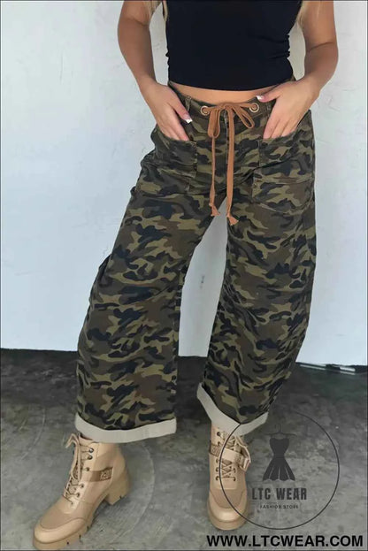 Multicolour Camouflage Print Retro Grommet Tie Waist Loose Jeans