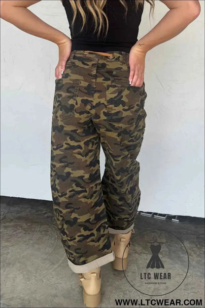 Multicolour Camouflage Print Retro Grommet Tie Waist Loose Jeans
