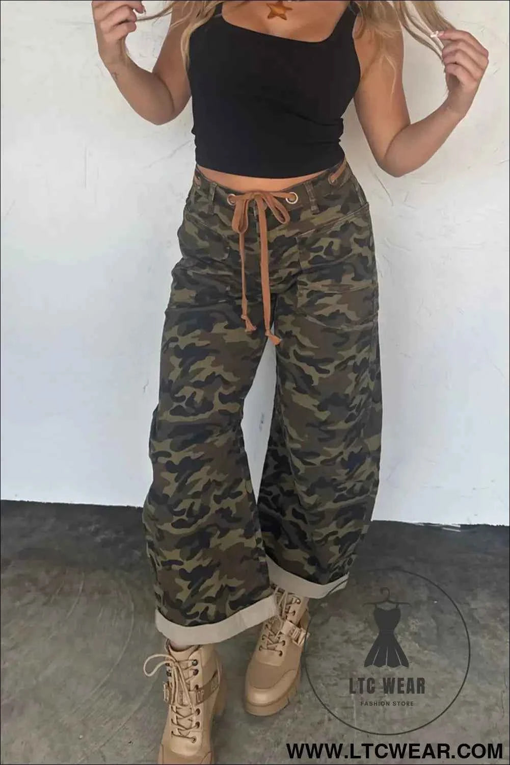 Multicolour Camouflage Print Retro Grommet Tie Waist Loose Jeans