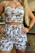 Multicolour camouflage printed cropped tank athleisure 2pcs short set - short sets