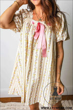 Multicolour Floral Print Contrast Ribbon Bow Lace Trim Square Neck Mini Dress
