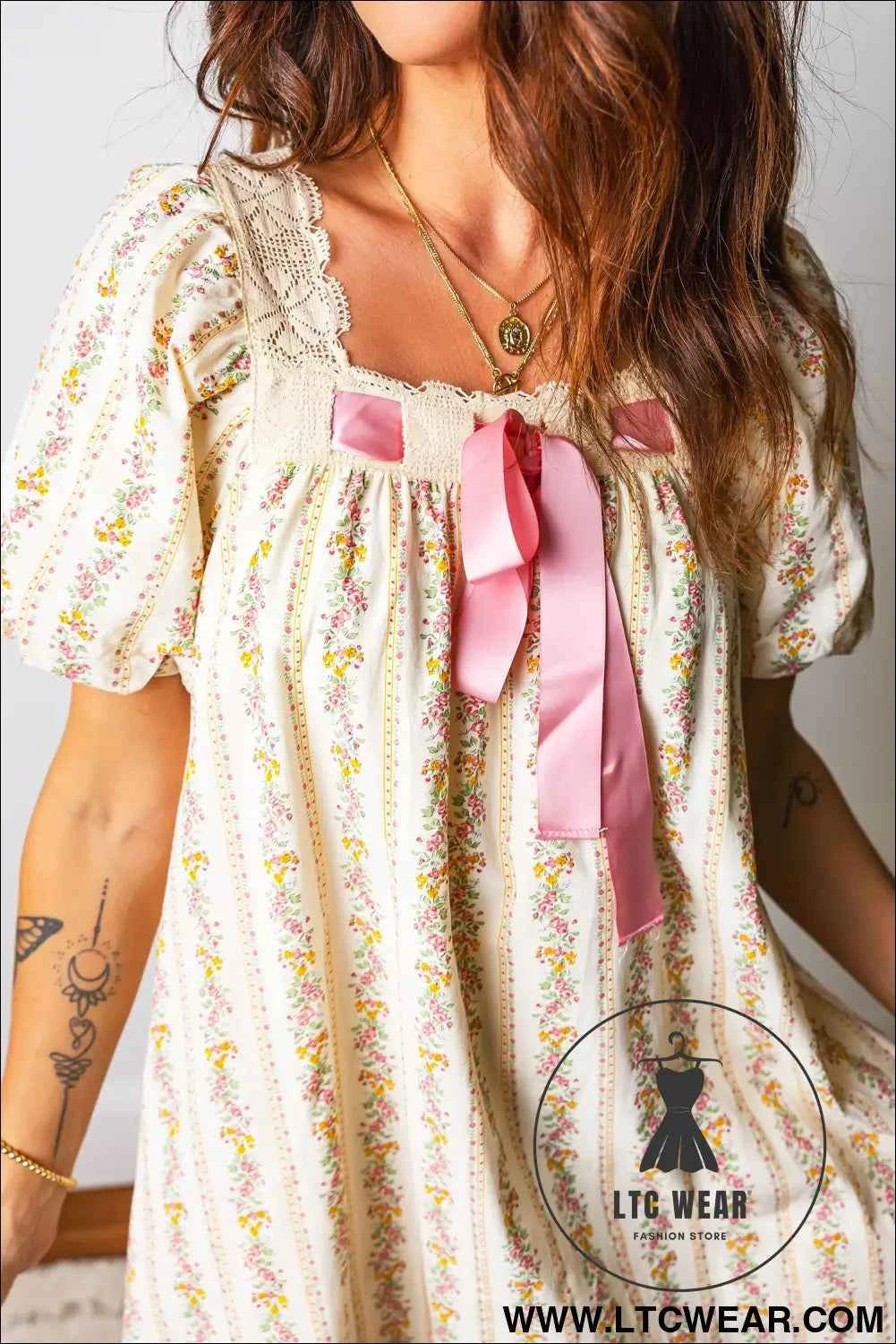 Multicolour Floral Print Contrast Ribbon Bow Lace Trim Square Neck Mini Dress