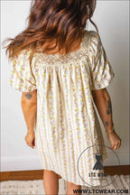 Multicolour Floral Print Contrast Ribbon Bow Lace Trim Square Neck Mini Dress