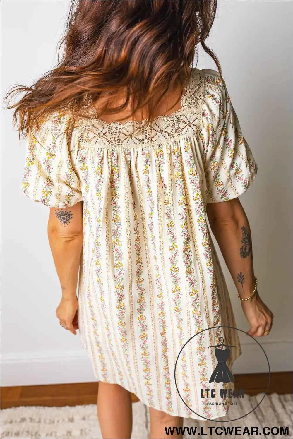 Multicolour Floral Print Contrast Ribbon Bow Lace Trim Square Neck Mini Dress
