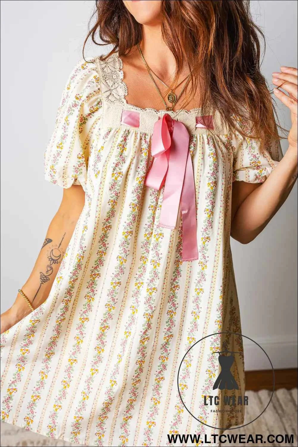 Multicolour Floral Print Contrast Ribbon Bow Lace Trim Square Neck Mini Dress