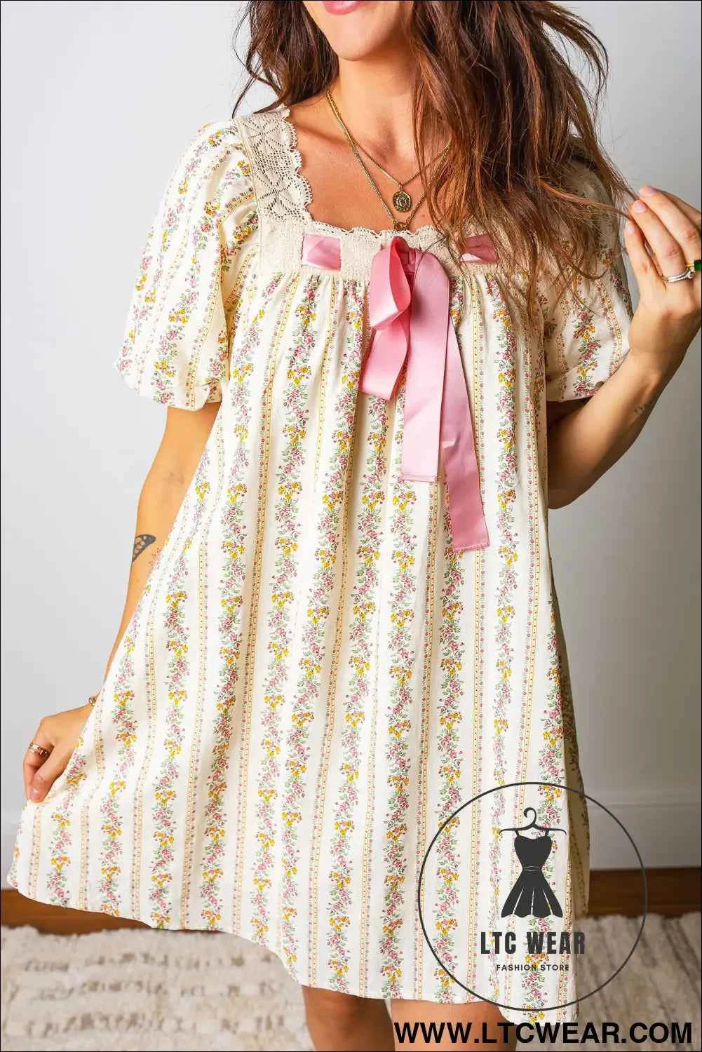 Multicolour Floral Print Contrast Ribbon Bow Lace Trim Square Neck Mini Dress