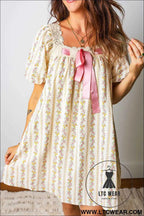 Multicolour Floral Print Contrast Ribbon Bow Lace Trim Square Neck Mini Dress